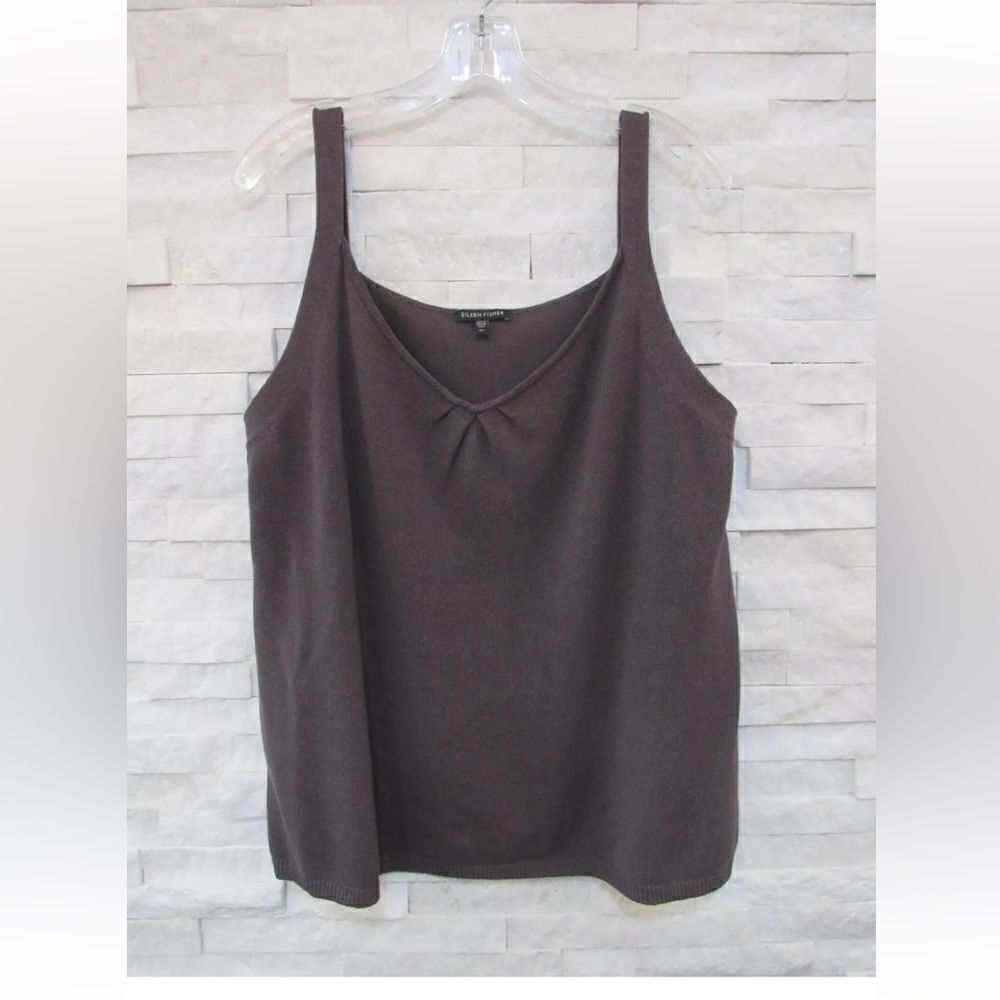 Eileen Fisher Cobblestone Brown Cotton Viscose Silk Cord Neck Tank Top Shell XL